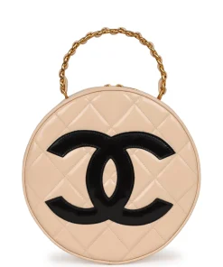 Vintage Chanel Round Vanity Bag Beige and Black