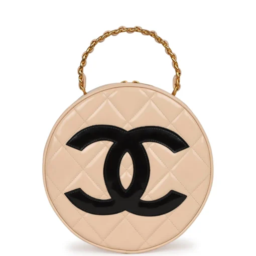 Vintage Chanel Round Vanity Bag Beige and Black