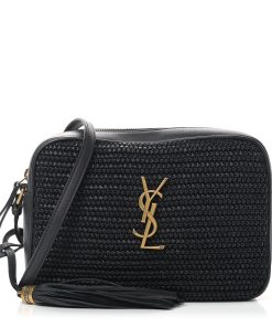 YSL Raffia Canvas Monogram Lou Camera Bag Black