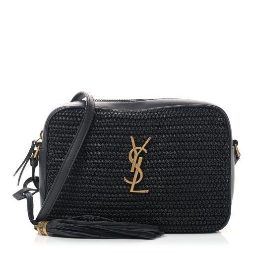 YSL Raffia Canvas Monogram Lou Camera Bag Black