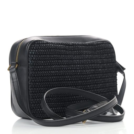 YSL Raffia Canvas Monogram Lou Camera Bag Black